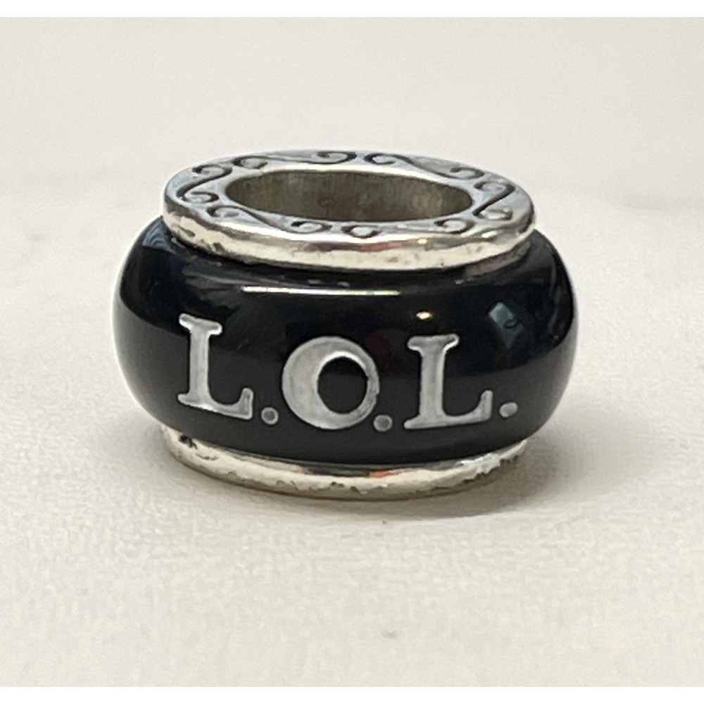 BRIGHTON LOL Laugh Out Loud Black Silver Tone Enamel Oval Spacer Bead Charm